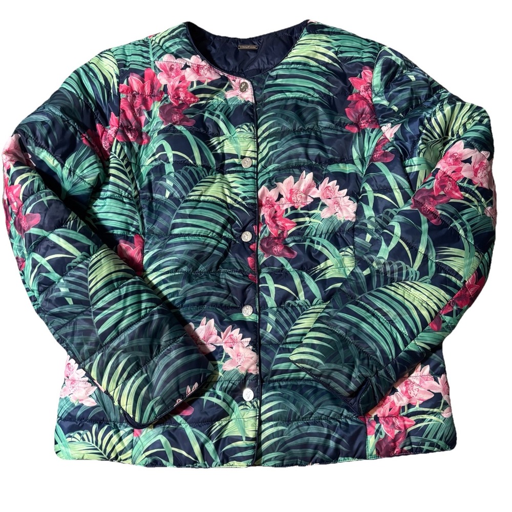 Tommy Bahama Reversible Puffer Jacket Small Orchid Palm Lightweight Navy Quilted